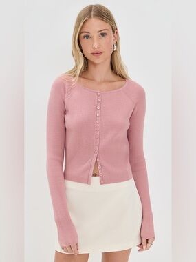 Reformation Merino Wool Pink Cropped Ribbed Button-Front Cardigan